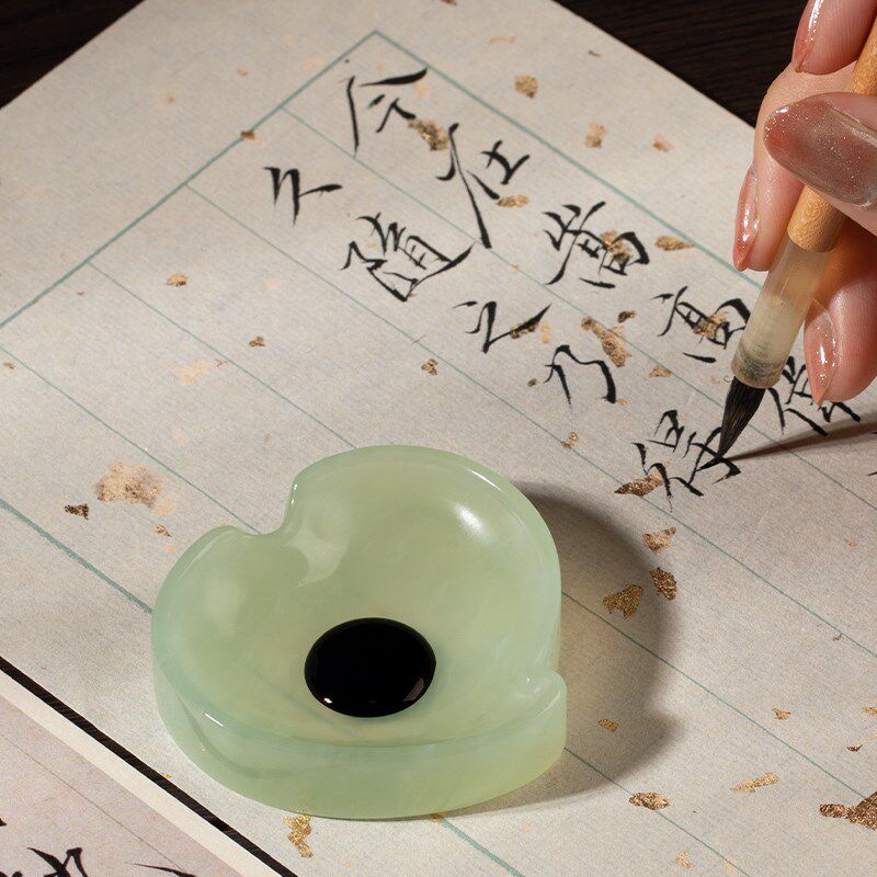 岫玉手工雕刻笔舔笔搁墨碟镇纸文房雅器精品天然玉石书法创意文创