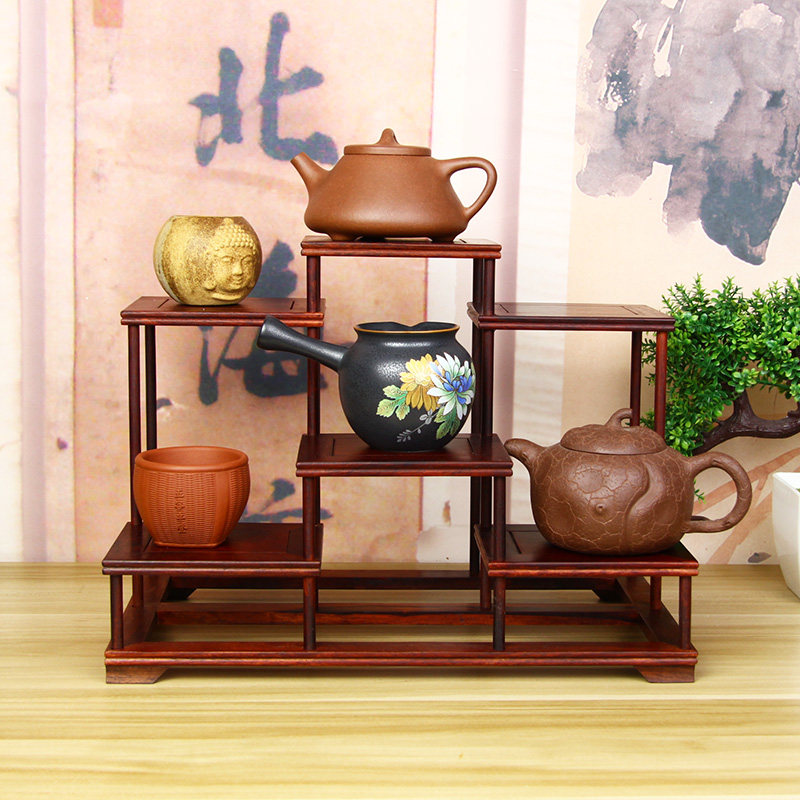 红酸枝小博古架茶壶架子紫砂壶茶杯茶具收纳层架子木架底座花瓶古