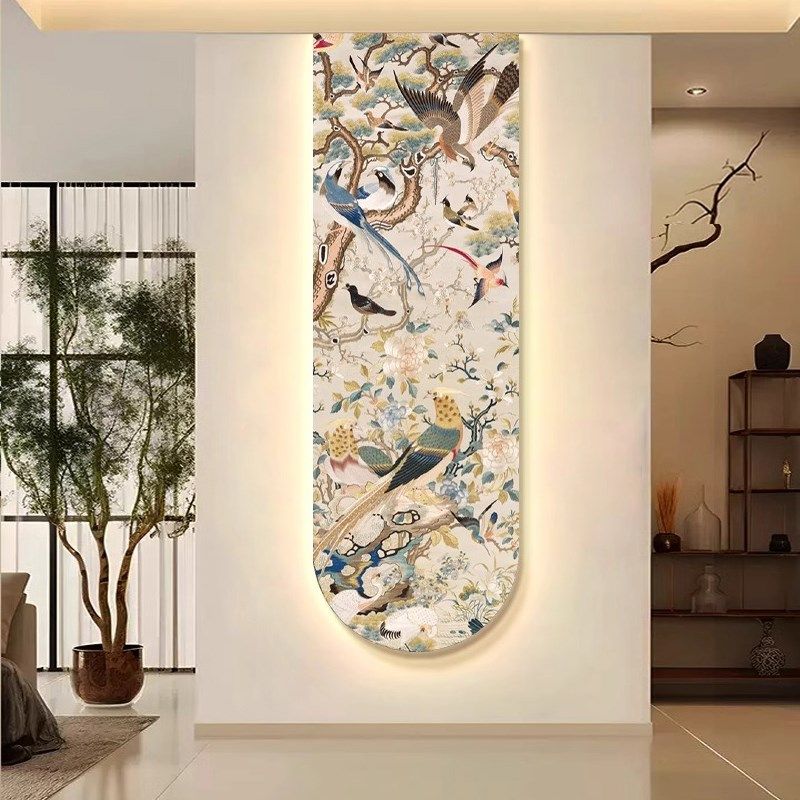 2024新款中古风花鸟祥和玄关装饰画高端走廊过道尽头挂画发光灯画