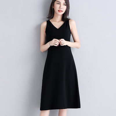 黑色V领无袖连衣裙女内搭中长款夏季修身气质a字打底吊带背心裙子