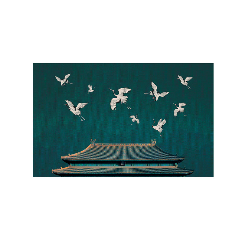 新中式纯手工油画大气鹤舞紫禁城沙发背景客房样板房别墅新品艺术