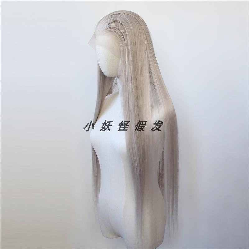 浅灰色前蕾丝化纤高温丝假发灰金色逼真自然欧美长直发整顶假发套