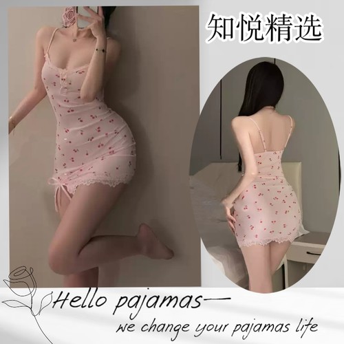 新甜妹风樱桃碎花薄纱睡裙细肩带侧边系带蕾丝花边性感私房吊带裙