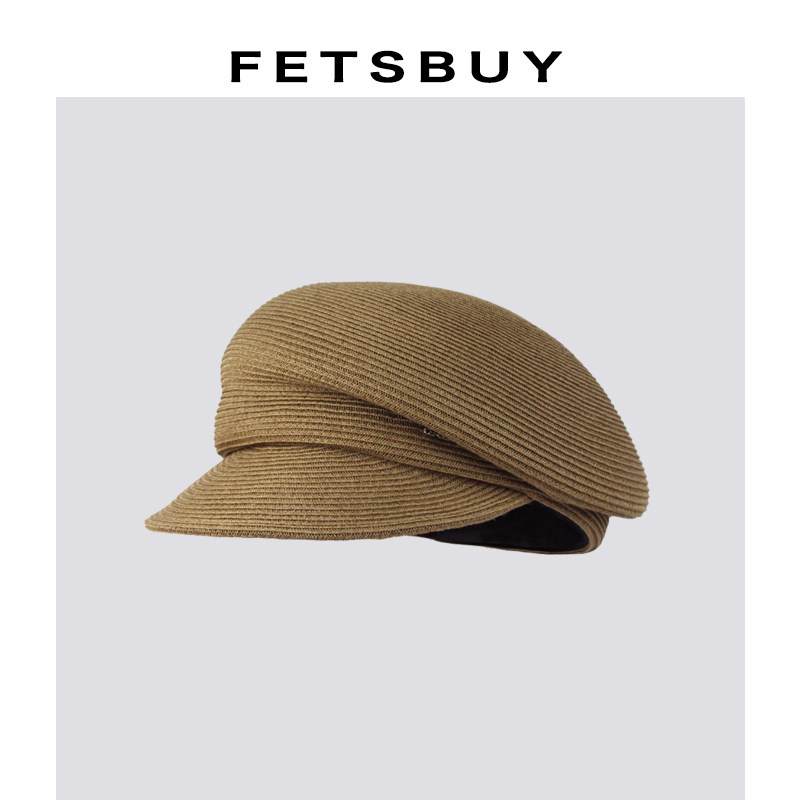 FETSBUY定制款纯色透气编织短檐报童帽女显脸小贝雷帽草编帽子
