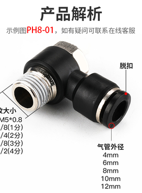 PH8-02气管快速4-M5外螺纹L型六角气缸气动接头6-01/10-03/12-04