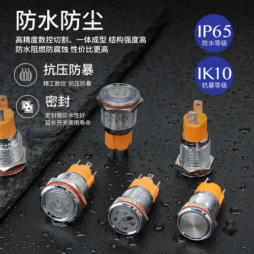 10A大电流16mm环形带灯带自锁金属按钮平面天使眼6 12 24 220v