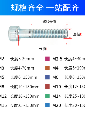 12.9级镀锌内六角螺丝钉M2M4M5M8M14M16M20杯头内六角圆柱头螺栓