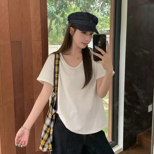 大码V领宽松显瘦短袖T恤女