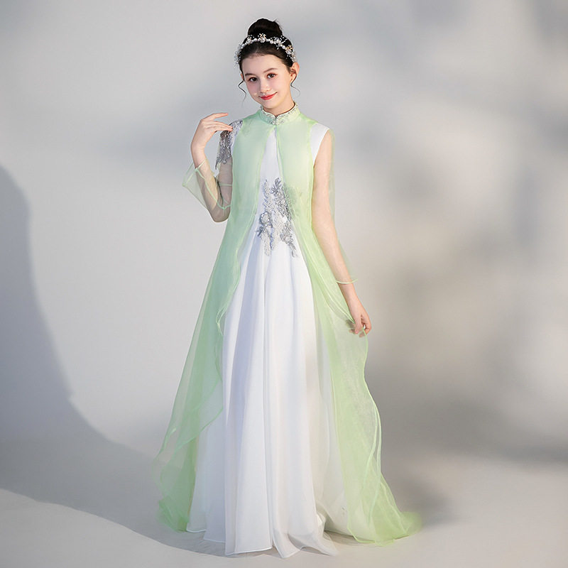2026新款女童礼服中国风儿童弹古筝演出服白色雪纺艺考连衣裙中大