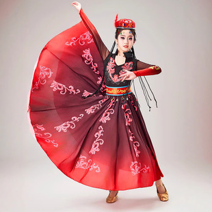 2026新款新疆舞蹈演出服装红色大摆长裙维吾尔族手鼓舞表演服少数