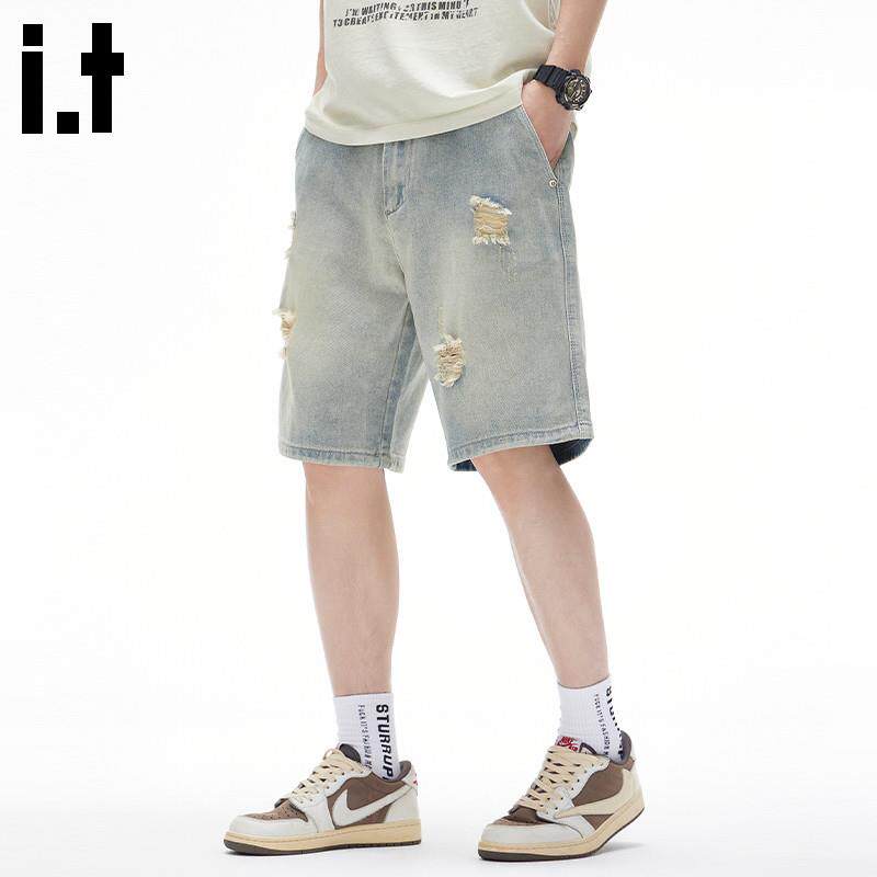 it :CHOCOOLATE破洞牛仔短裤男2025夏季薄款潮牌直筒宽松五分裤