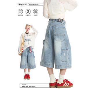 七分裤 做旧水洗挂饰宽松休闲中裤 女美式 NERESUM蓝色复古牛仔短裤