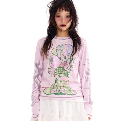 sillysis粉色女孩印花宽松弹力针织长袖打底衫薄款T恤