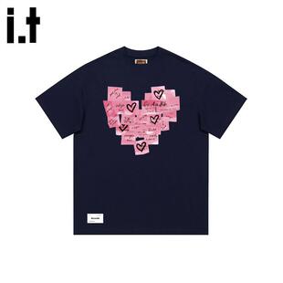 i.t ccaabb爱心便签印花T恤女夏季新款纯棉正肩短袖宽松休闲上衣E