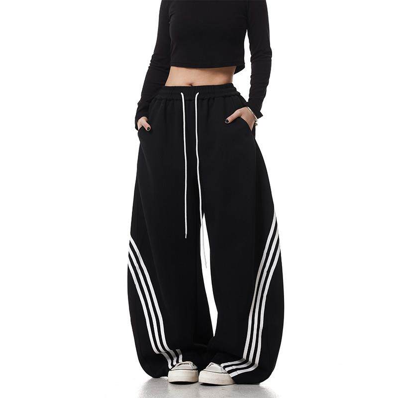 美式复古街头三条杠阔腿弯刀卫裤男女宽松直筒条纹运动裤夏季薄款