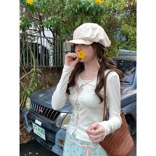 PtonUmi春日蕾丝 镂空扭结假两件上衣女修身百搭氛围感针织长袖T