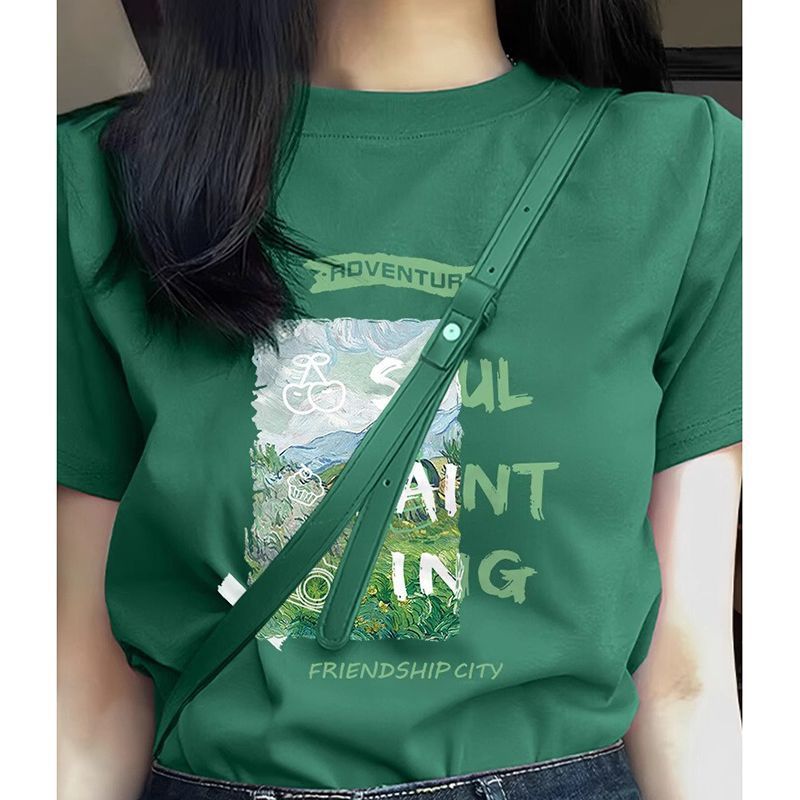 夏季新款正肩高端大牌墨绿色短袖t恤女上衣纯棉半袖多巴胺穿搭