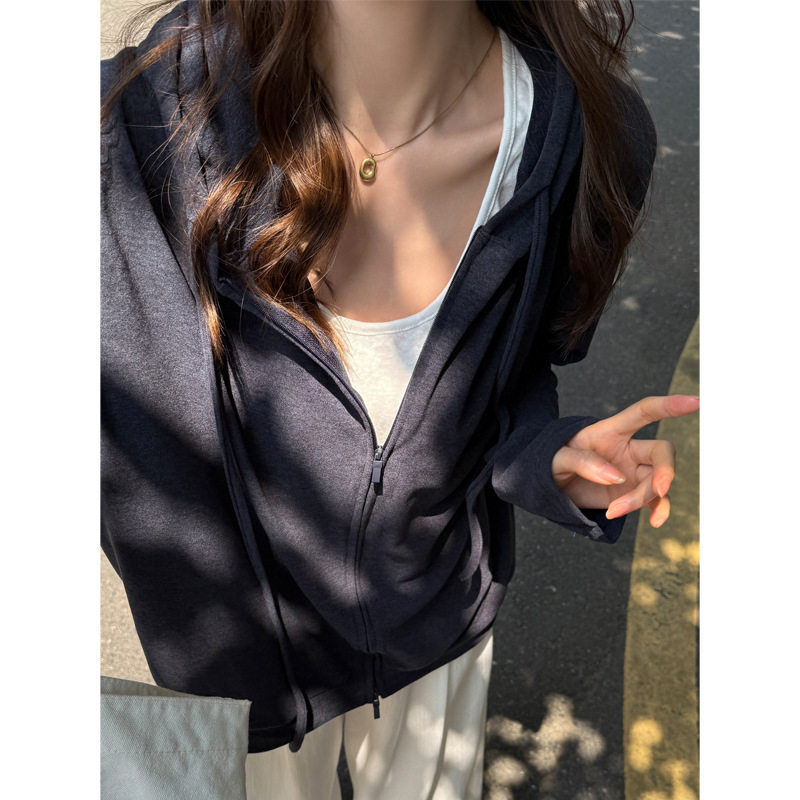 纯色基础款慵懒松弛感连帽拉链外套女做旧风简约百搭通勤出行上衣