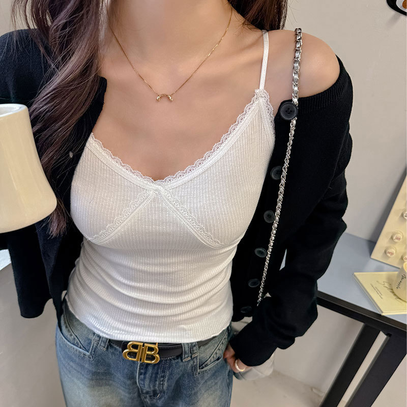 春夏季莫代尔白色蕾丝吊带小背心女辣妹性感纯欲修身内搭打底上衣