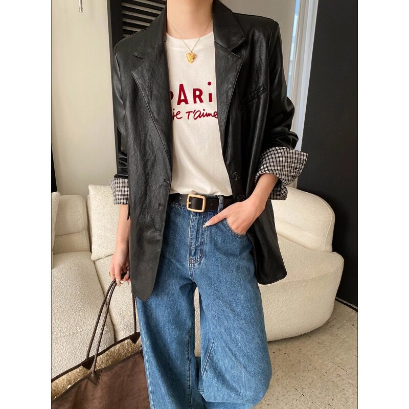 法式轻熟风 撞色格纹翻边袖PU皮宽松西装皮衣外套 SN8692