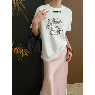 新中式轻国风 复古盘扣设计感印花圆领百搭短袖T恤 SN5594