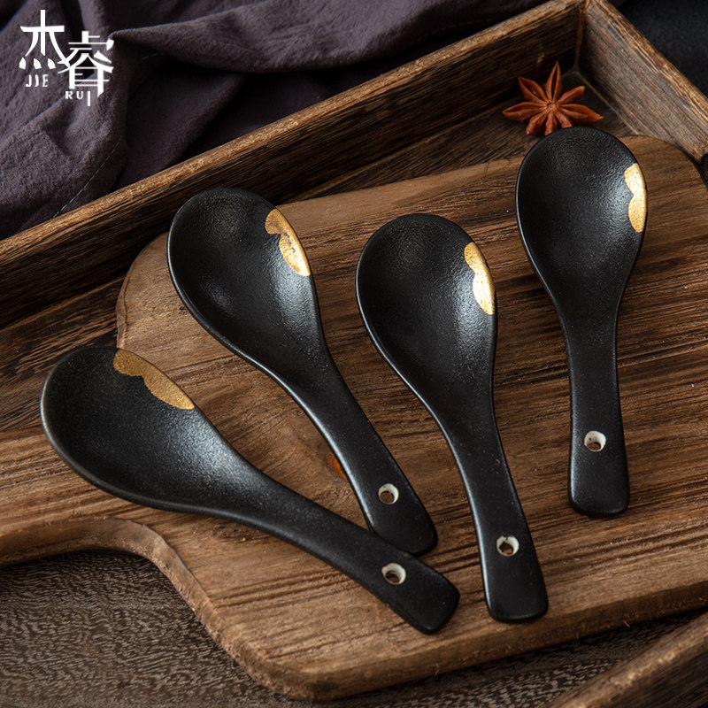 描金日式和风陶瓷餐具黑金墨玉汤匙汤勺勺子创意调羹微波炉适用