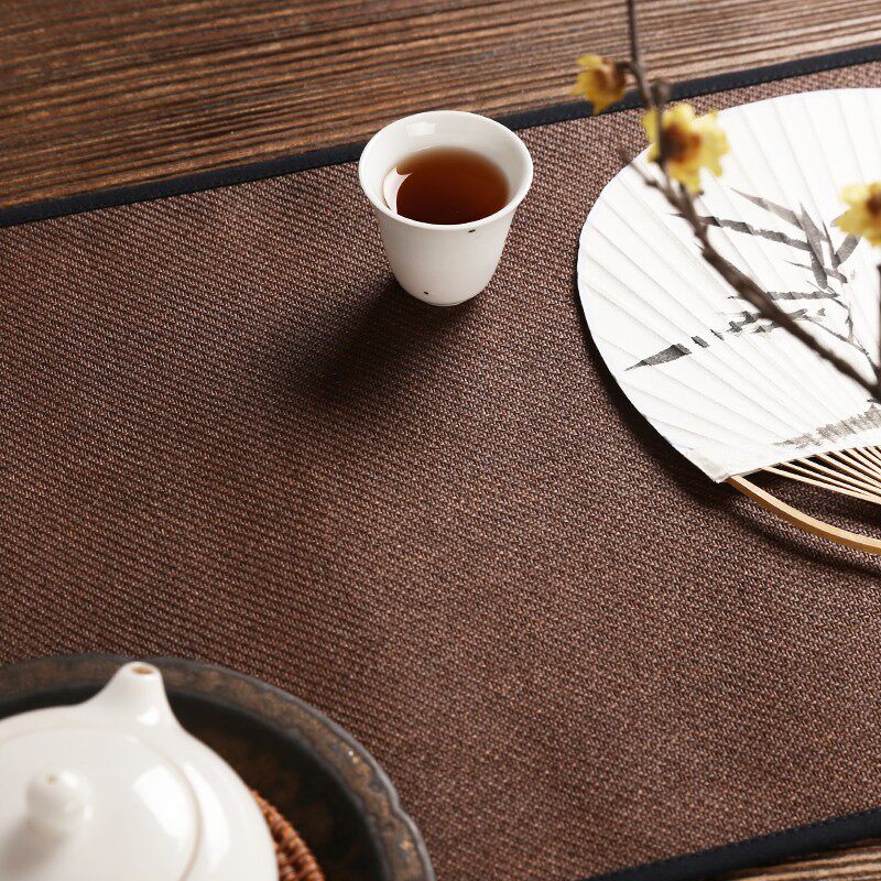 藤编茶席棉麻布桌旗茶桌布防水复古中式茶道茶巾简约竹席茶几杯垫