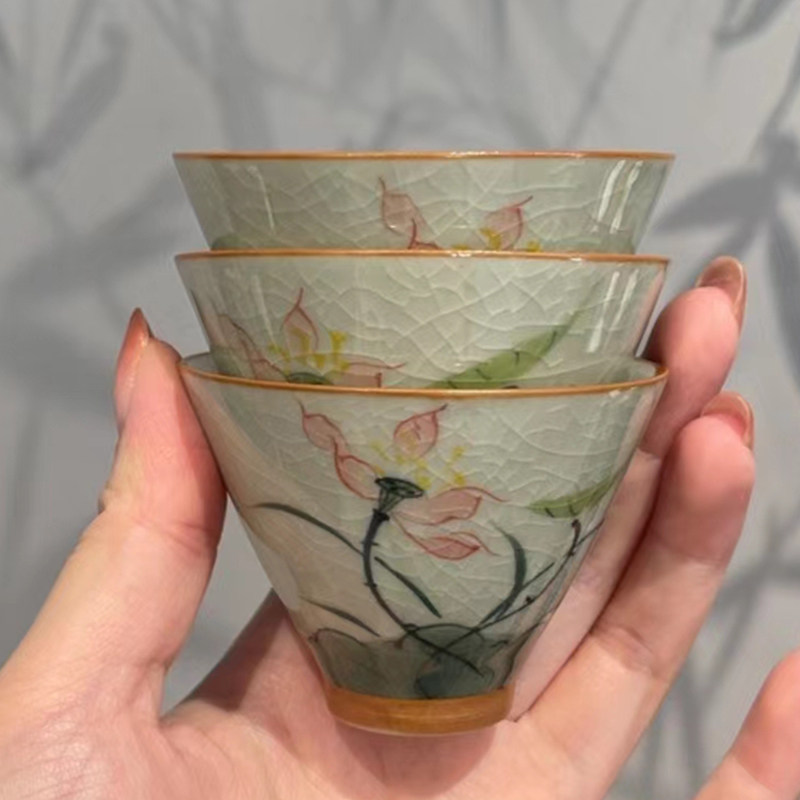 惊蛰 仿古灰茶具 釉下手绘荷花快客杯手抓壶 冰裂茶杯茶叶罐 旅行
