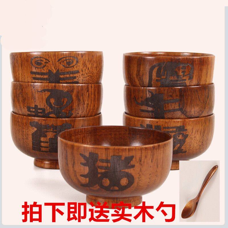 儿童碗单个防摔碗木头碗家用木碗可爱卡通创意吃饭碗成人大号个性