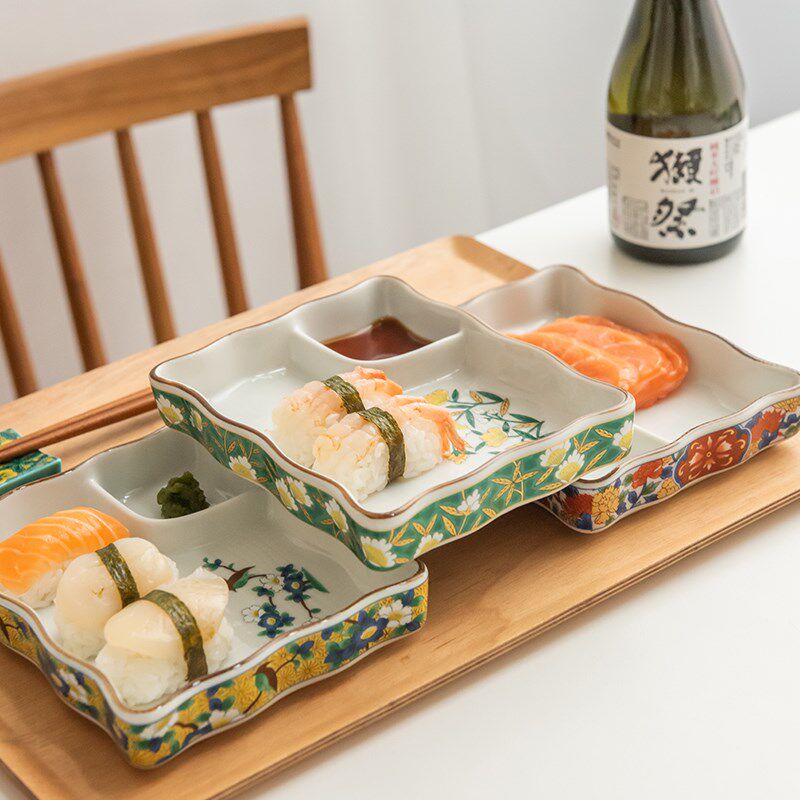 日本进口美浓烧复古锦彩陶瓷分格餐盘寿司盘饺子味碟蘸酱油醋盘