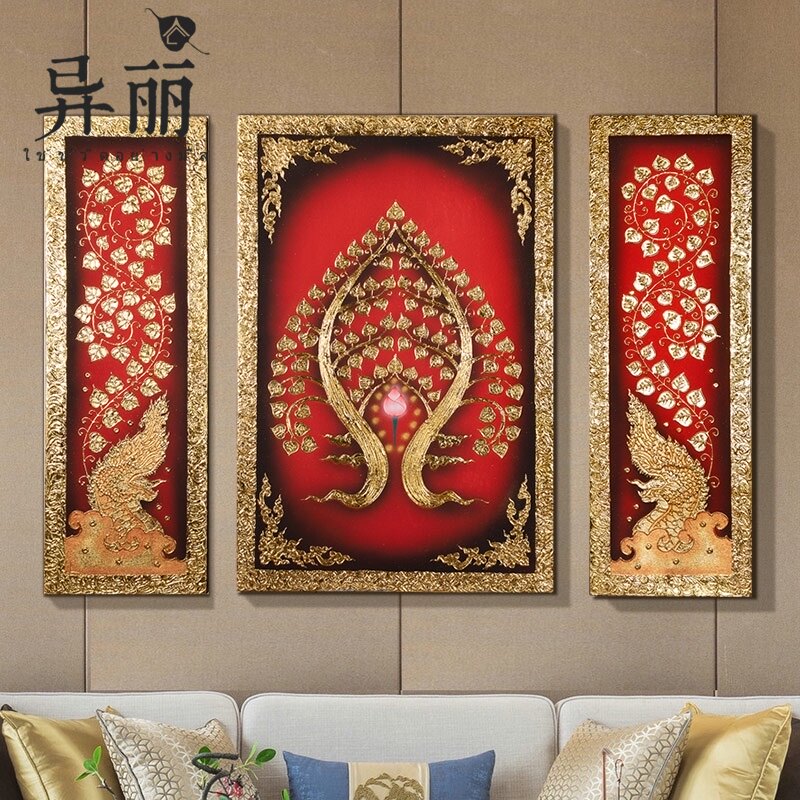 异丽东南亚泰式金箔画沙发背景墙手绘挂画客厅壁画菩提树装饰画