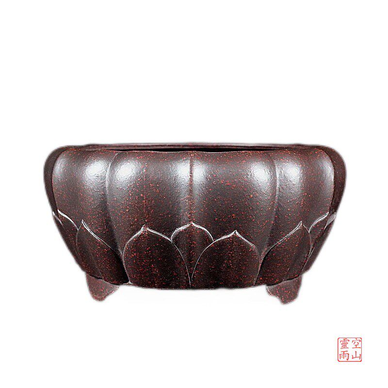 宜兴紫砂精品花盆 绿植花卉盆景室内 全手工仿古莲花瓜形 古红泥