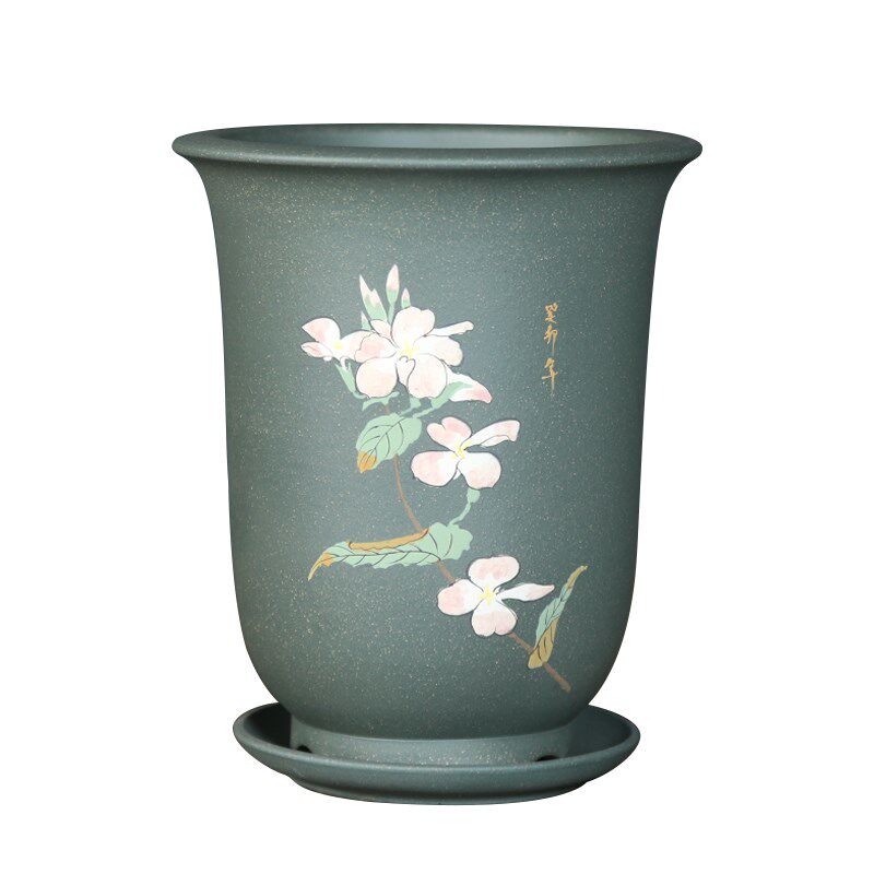紫砂花盆兰花盆带托盘简约君子兰盆栽吊兰透气桌面泥绘京钟兰花盆