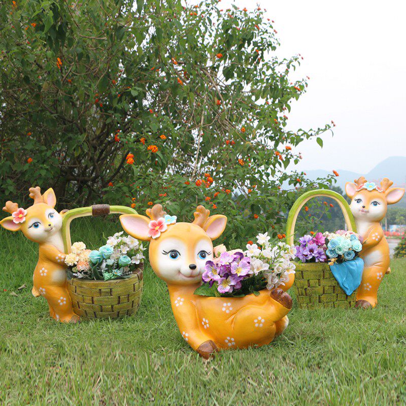 梅花鹿花缸草坪园林景观动物仿真卡通花盆雕塑公园摆件庭院装饰品