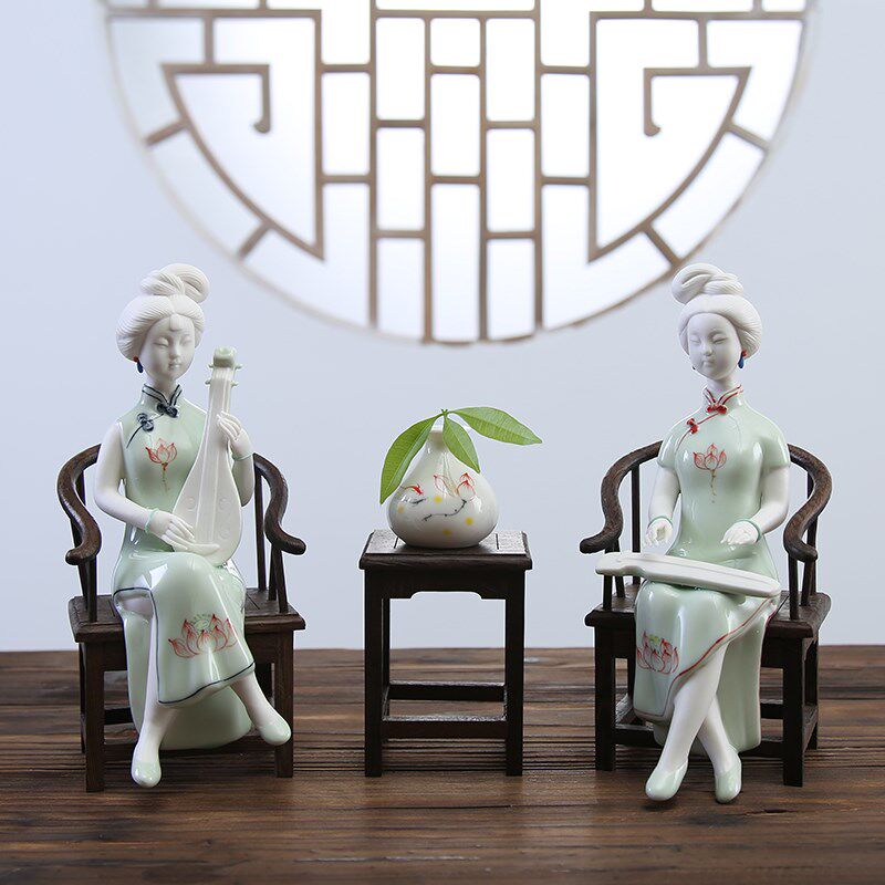 青花瓷仕女琴棋书画人物摆件古典陶瓷美女家居饰品商务礼品送礼