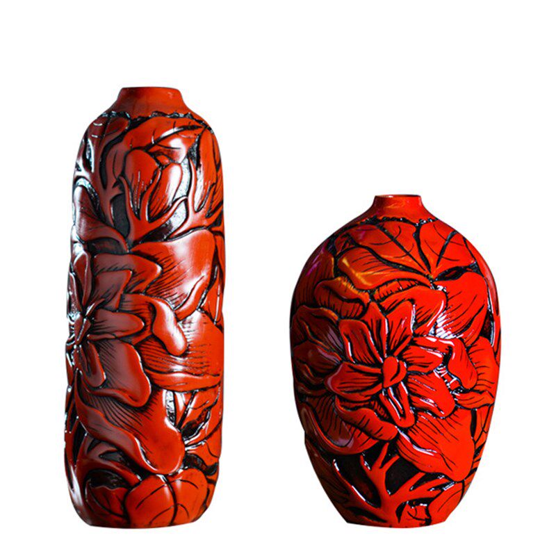 中式现代双耳如意红花漆器花瓶树脂工艺花器新房家居装饰摆件婚庆