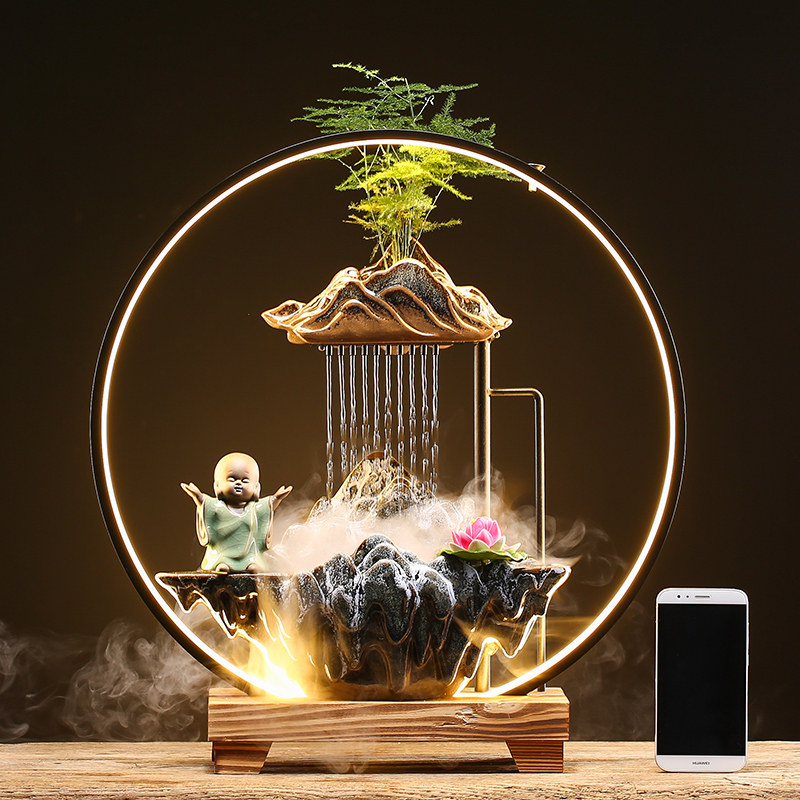 中式禅意流水喷泉摆件雾化倒流香炉灯圈招财办公室水景观开业礼品