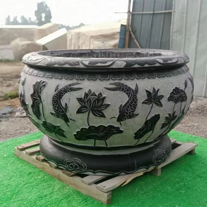庭院石雕鱼缸青石圆石缸风水摆饰荷花盆锦鲤缸石头水缸户外养鱼池