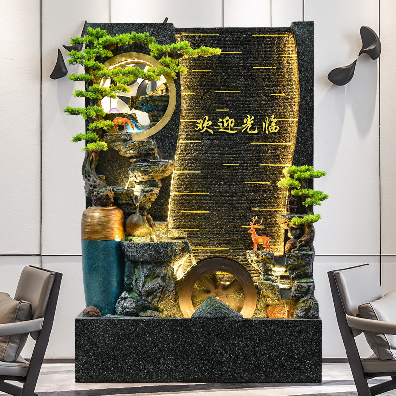 新中式客厅水幕墙流水屏风落地装饰摆件假山水景喷泉公司室内造景