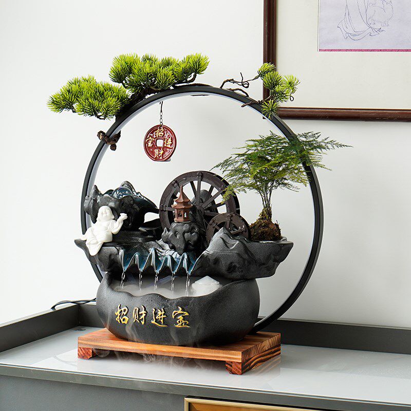 招财进宝流水生财摆件循环水景观假山喷泉水车风水轮中式家居饰品