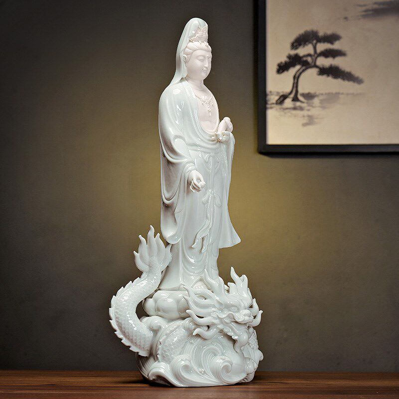 陶瓷观音菩萨摆件中式站像家用御龙观世音客厅玄关瓷雕摆设工艺品