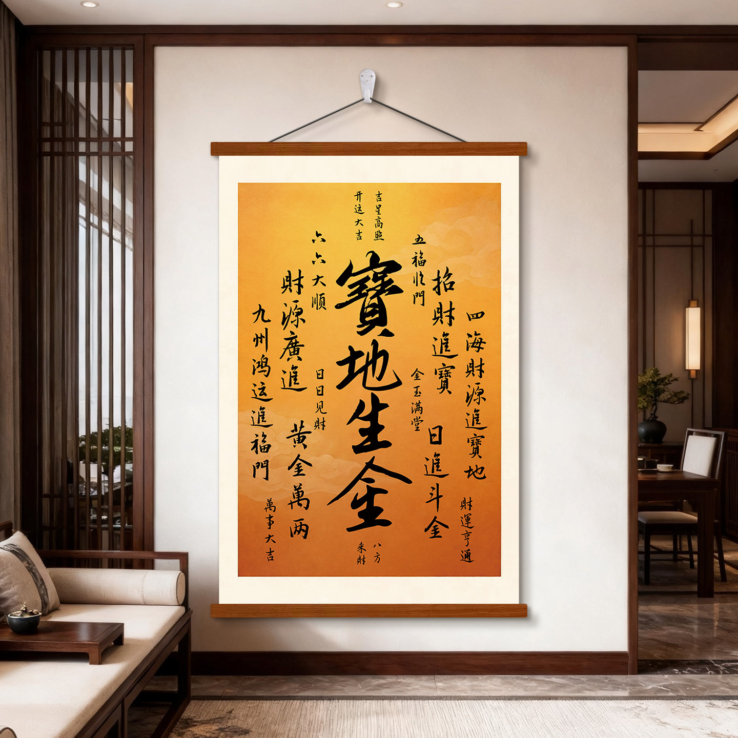 宝地生金书法玄关招财挂画