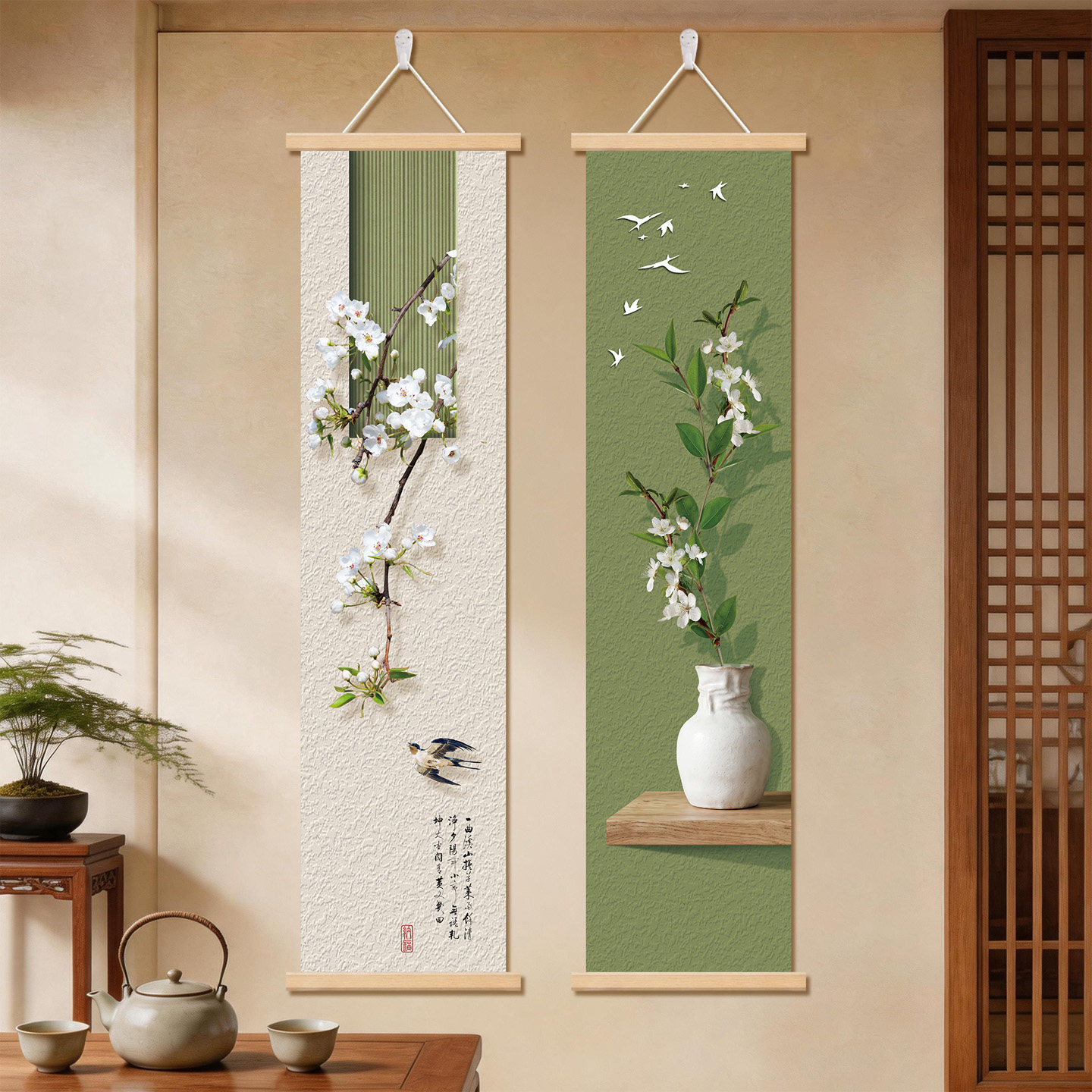 新中式花鸟玄关走廊竖版装饰画