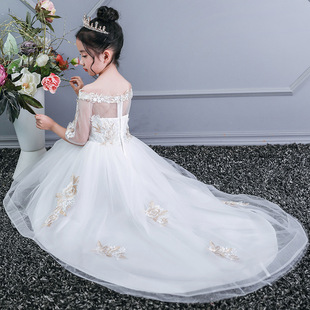 2026新款欧美礼服儿童长拖尾公主裙花童婚纱晚礼服一字肩绣花蓬蓬