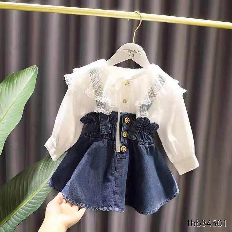 牛仔背带裙衬衫两件套装婴幼儿宝宝长袖上衣春夏款1-6岁女童时尚