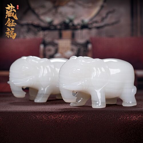 天然白玉石大象摆件一对招财客厅办公室玄关柜装饰品乔迁开业礼品