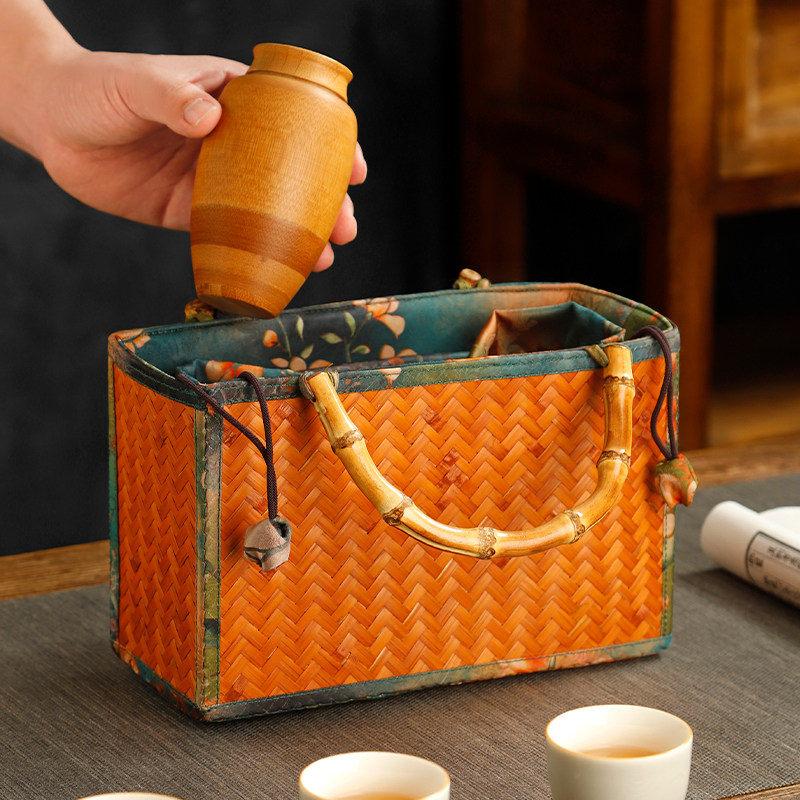 仿古宋锦竹编包手提篮纯手工茶具收纳盒旅行便携茶箱茶壶杯袋篓子