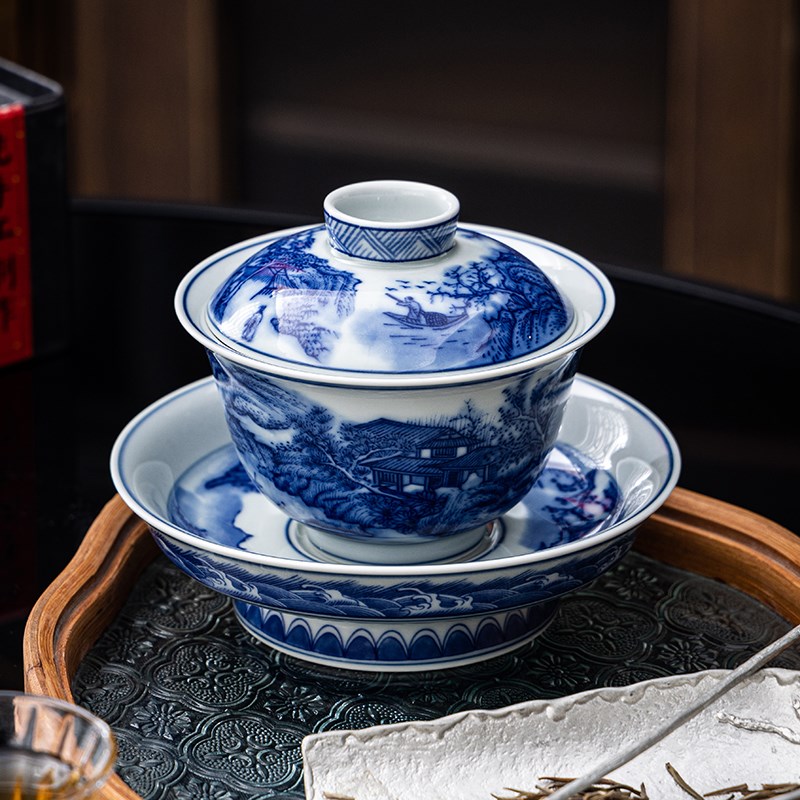 仿古青花三才盖碗功夫茶具单个陶瓷高脚盖碗中式高档泡茶碗伴手礼