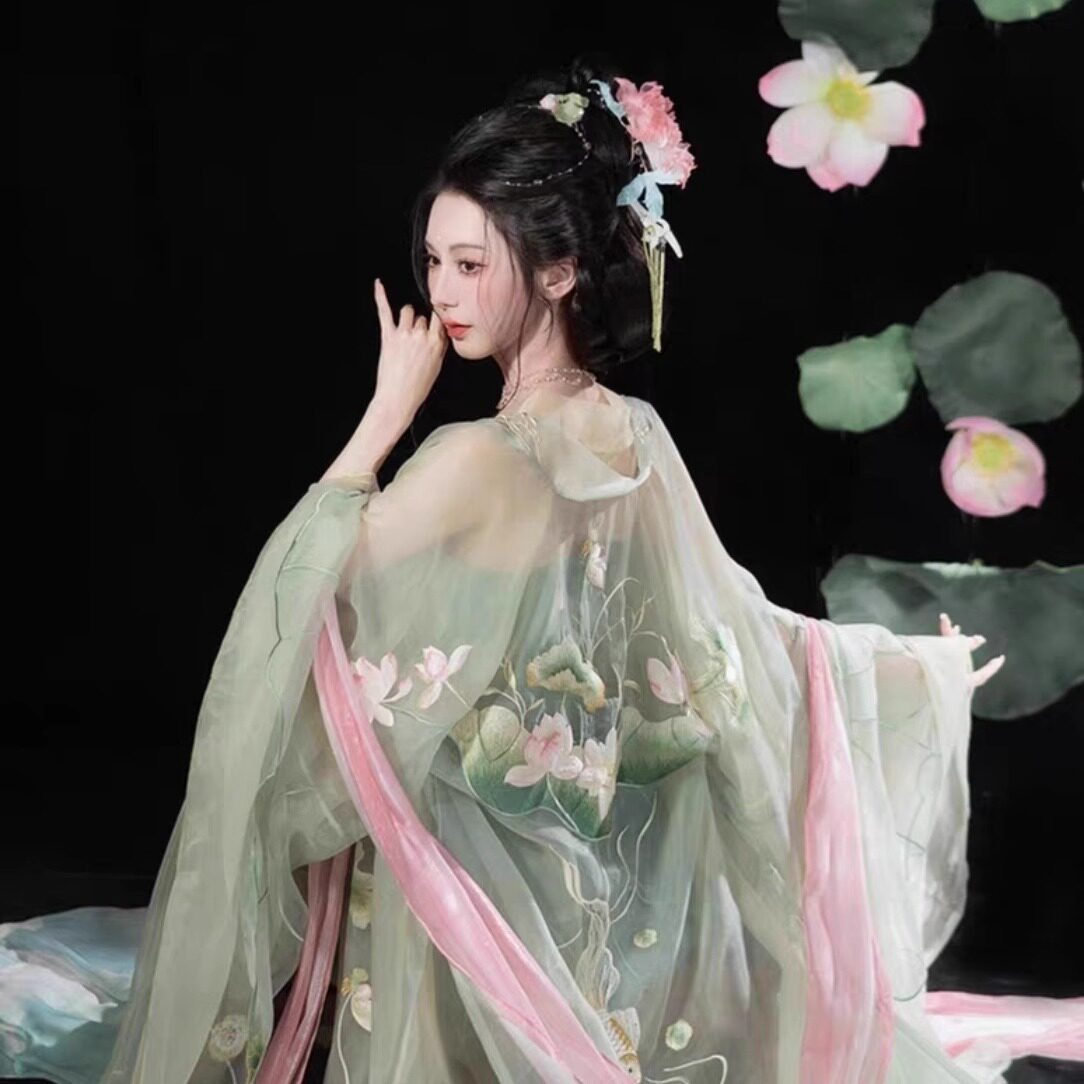 2026新款钟灵记碧波仙诃子裙大袖衫围裙披帛荷花汉服女绣花春夏高
