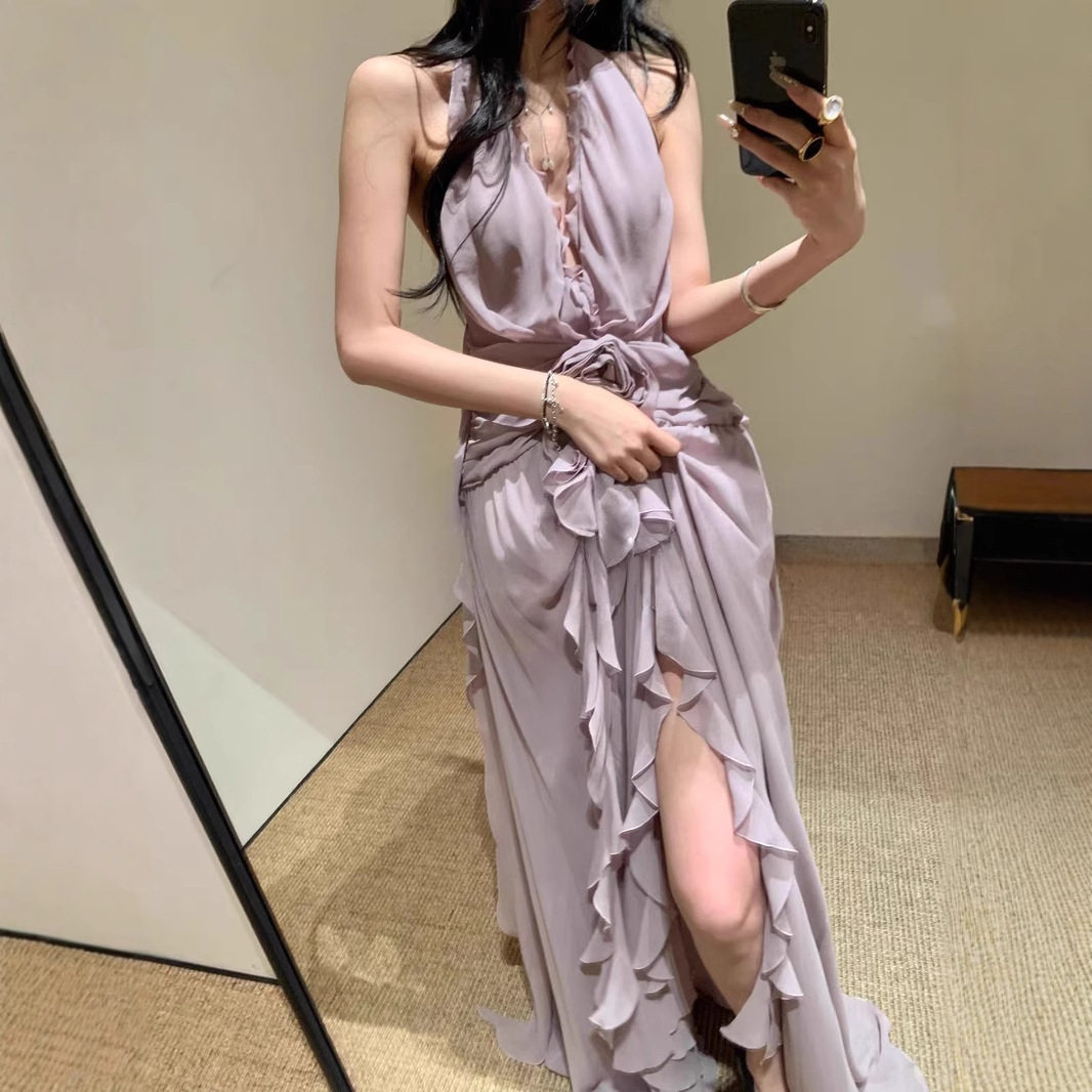 2026新款纯欲性感SS春夏浪漫花朵挂脖连衣裙长裙度假仙女裙浪漫